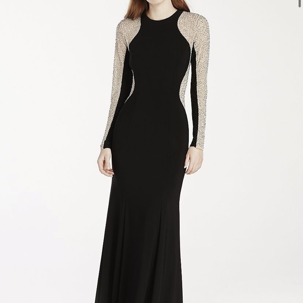 XSCAPE jersey dress with illusion beaded sleeves